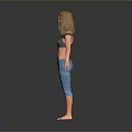 Woman Barefoot In Gray Off Shoulder Top And Blue Plaid Capri Pants On Reflective Floor 3d model