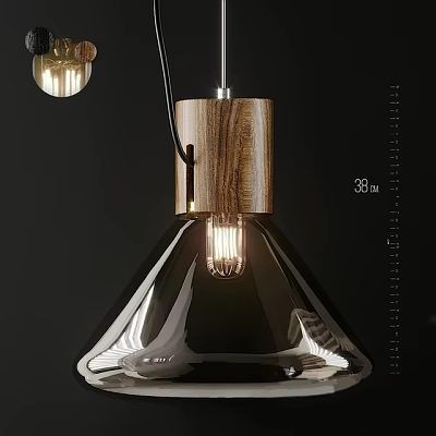 Modern Pendant Light With Wooden Base Dark Glass Shade And Vintage Filament Bulb 3d model