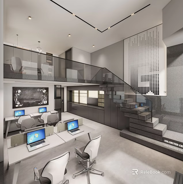Modern Public Office Space With Open Layout Multiple Workstations Laptops Staircase And Modern Design 3d model 