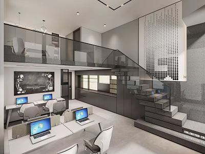 Modern Public Office Space With Open Layout Multiple Workstations Laptops Staircase And Modern Design 3d model