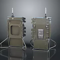 Industrial Commercial Equipment Two Metal Units With Stands Featuring Square Window And Vented Grille Panels