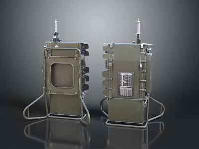 Industrial Commercial Equipment Two Metal Units With Stands Featuring Square Window And Vented Grille Panels 3d model