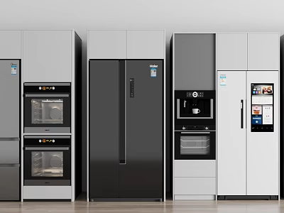 Modern Kitchen Appliances Collection Featuring Refrigerator Oven Coffee Machine And Cabinets 3d model