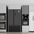 Modern Kitchen Appliances Collection Featuring Refrigerator Oven Coffee Machine And Cabinets