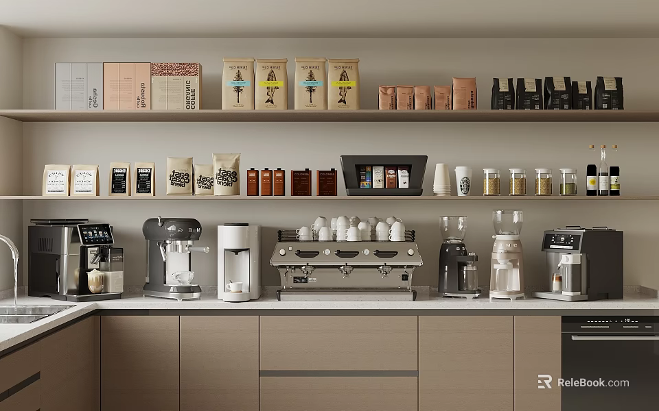 Modern Kitchen Interior With Coffee Machines Grinders And Multiple Kitchen Appliances On Shelves 3d model
