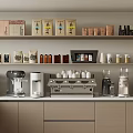 Modern Kitchen Interior With Coffee Machines Grinders And Multiple Kitchen Appliances On Shelves 3d model