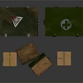 Green Wooden And Brown Cardboard Boxes Featuring Vintage Style Various Sizes Metal Clasps White Symbols