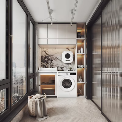 Modern Home Balcony Interior With Washing Machine Storage Cabinets Large Windows And Storage Basket 3d model