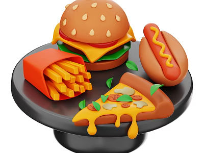 Delicious Fast Food Platter Featuring Hamburger Hot Dog Fries And Pizza 3d model