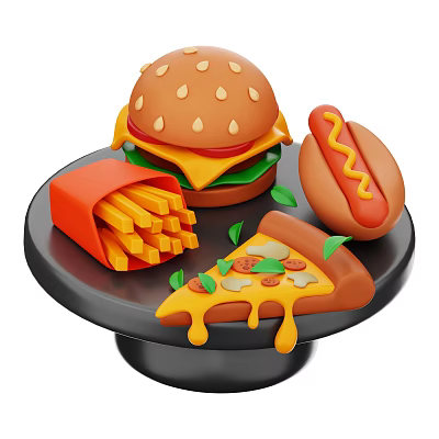 Delicious Fast Food Platter Featuring Hamburger Hot Dog Fries And Pizza 3d model