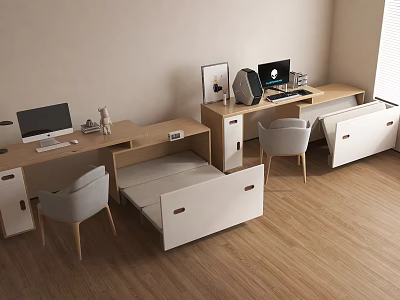 Modern Interior Design Of Multi-functional Room With Desks Computers And Foldable Bed 3d model