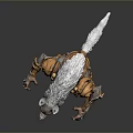 White Fur Wolf Like Creature 3D Model With Orange Mechanical Armor In Crouching Pose