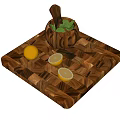 Wooden Cutting Board With Mortar Pestle Lemon Slices And Fresh Mint Leaves