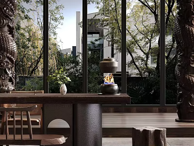 Chinese Style Wooden Tea Table With Chairs And Teapot By Window View 3d model