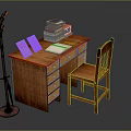 Wooden Study Desk With Chair Stack Of Books Open Notebooks And Coat Rack