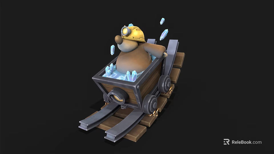 Cute Cartoon Bear Riding In Wooden Mine Cart With Hard Hat And Ice Cubes 3d model 