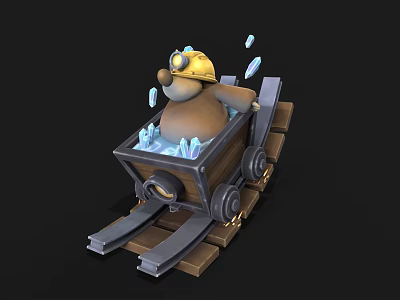 Cute Cartoon Bear Riding In Wooden Mine Cart With Hard Hat And Ice Cubes 3d model