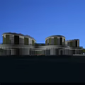 Aerial View Planning Circular Buildings With Solar Panel Roofs Surrounding Waterbody Green Spaces and Central Plaza