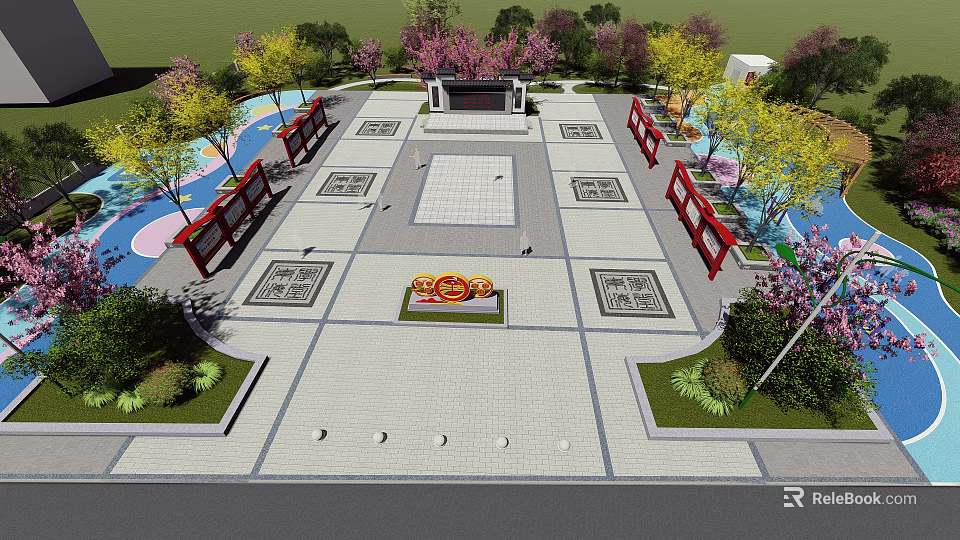 Public Plaza With Central Red Decorative Element Surrounding Red Structures Paved Ground And Lush Greenery 3d model 