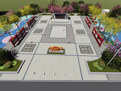 Public Plaza With Central Red Decorative Element Surrounding Red Structures Paved Ground And Lush Greenery 3d model