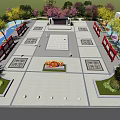Public Plaza With Central Red Decorative Element Surrounding Red Structures Paved Ground And Lush Greenery