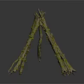 Rustic Triangular Campfire Structure Built With Natural Twigs In Outdoor Setting