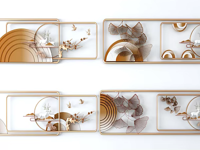 Modern Luxury Wall Decor with Metal Frame Geometric Patterns Ginkgo Leaves Crane and Circular Elements 3d model