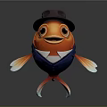 Orange Goldfish Wearing Brown Hat And Blue Suit With White Collar