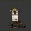 Cartoon Scene Featuring Chinese Pagoda with Golden Roof White Walls Small Buildings and Plants