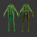 Futuristic Teal And Burgundy Fitted Costumes With Armor Like Details And Gloves