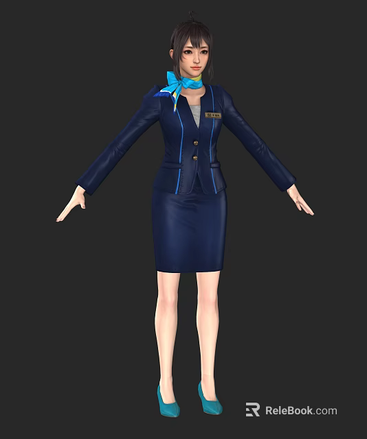 Woman in Navy Blue Uniform Blue Trim Scarf Name Tag Arms Outstretched Against Black Background 3d model 