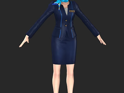 Woman in Navy Blue Uniform Blue Trim Scarf Name Tag Arms Outstretched Against Black Background 3d model