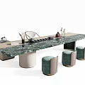 Modern Green Marble Tea Table Set With Matching Stools And Decorative Tea Accessories