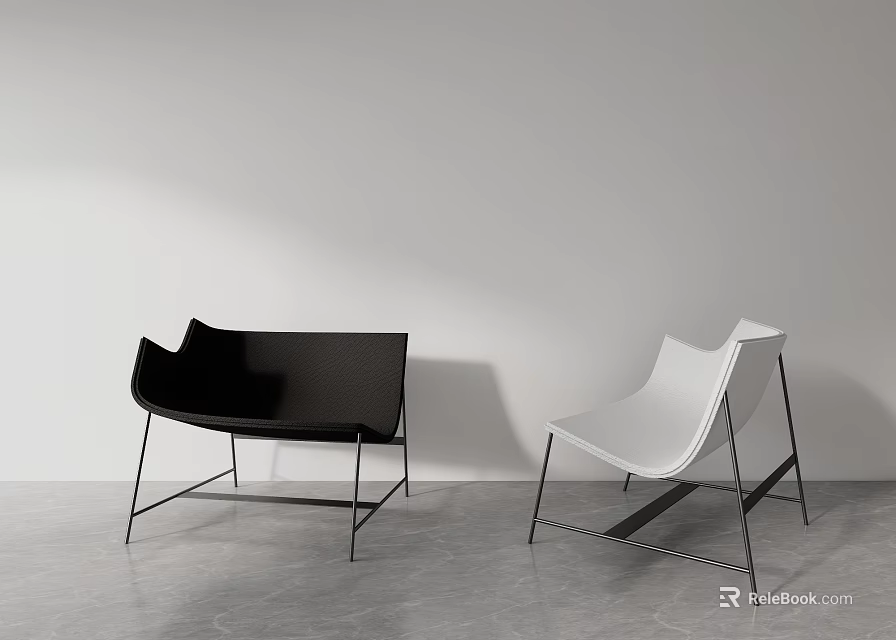 Modern Black and White Leisure Chairs with Metal Frame and Curved Backrest in Minimalist Space 3d model 