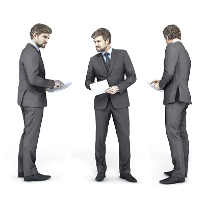 Full Body Shots Of Men In Business Suits Holding Papers From Different Angles 3d model