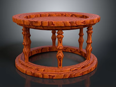 Round Wooden Furniture Table with Intricate Carved Design and Decorative Pillar Supports 3d model