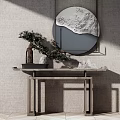 Entry Console Table With Circular Decorative Mirror Mountain Pattern Bonsai Plant And Beige Textured Wall 3d model