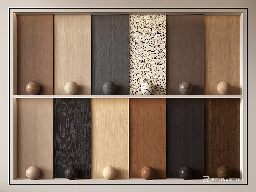 Wall Panels Sample Display with Various Colors Textures on Two Tiered Shelf and Decorative Balls 3d model 