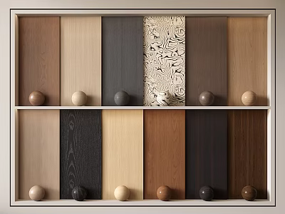 Wall Panels Sample Display with Various Colors Textures on Two Tiered Shelf and Decorative Balls 3d model