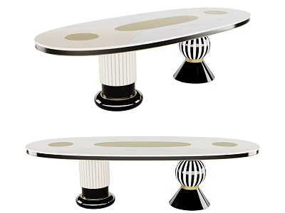 Elegant Oval Dining Table With Smooth Top And Unique Black White Patterned Legs 3d model