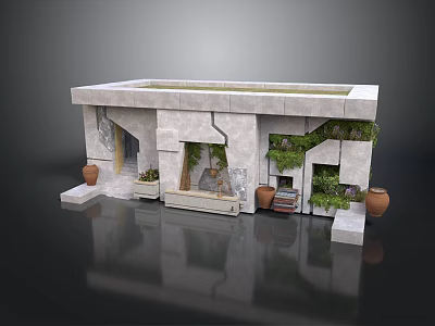 Ornamental Stone Garden Structure With Arched Openings Platform Plants And Clay Pots 3d model