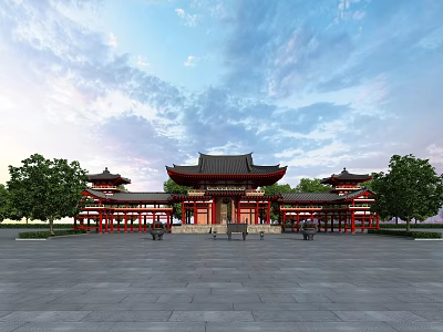 Traditional Ancient Chinese Architecture With Pagoda Roofs Red Pillars and Square Surrounded by Trees 3d model