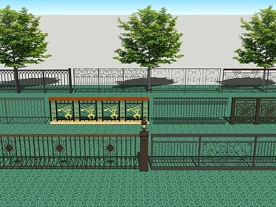 Decorative Wrought Iron Fence in Outdoor Garden With Green Lawn And Trees 3d model