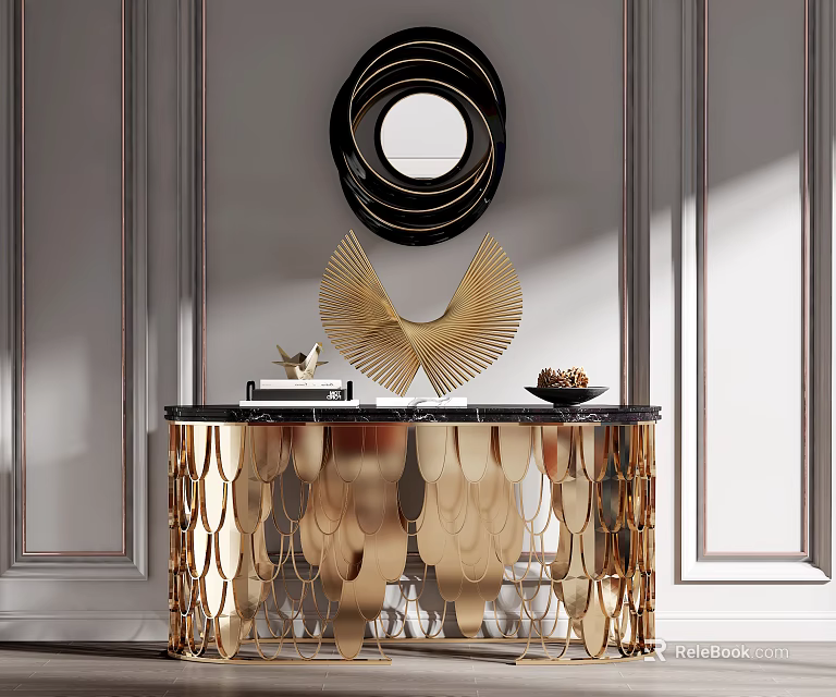 Elegant Modern Console Table Sideboard With Gold Metal Frame Marble Top And Decorative Mirror 3d model 