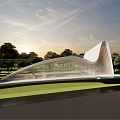 Luxury Modern Sales Office Building Curved Glass Curtain Wall With Lawn Trees Water Feature