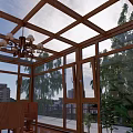 Black Frame Glass Sunroom With Wooden Roof And Indoor Plants On Patio