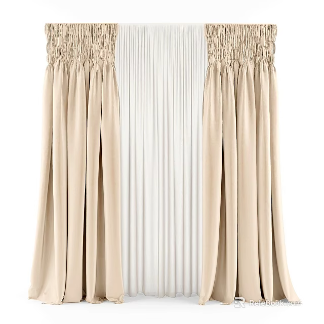 Elegant Beige Curtains With Pleated Design And Sheer White Panels For Home Window Decoration 3d model 