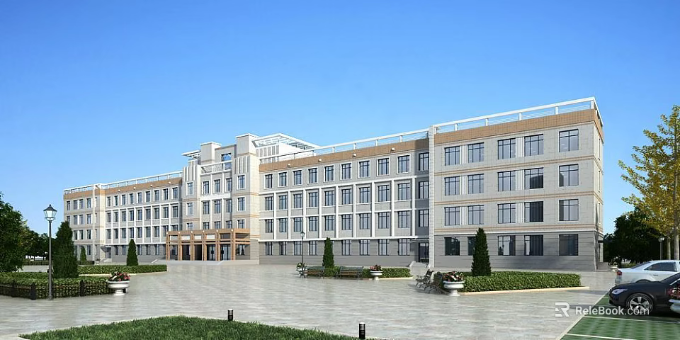 Modern School Building Exterior With Multi Story Design Spacious Courtyard And Green Trees 3d model 