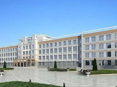 Modern School Building Exterior With Multi Story Design Spacious Courtyard And Green Trees 3d model