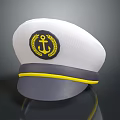 White Sailor Cap With Yellow Anchor Laurel Wreath Emblem And Gray Stripes